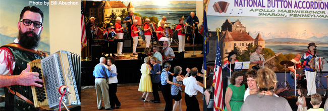 Festival collage showing accordion players and dancing